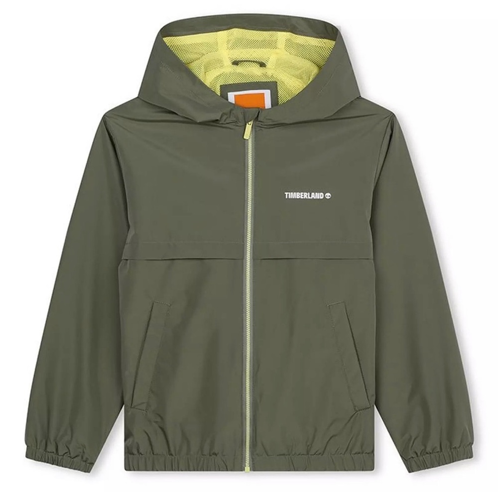 Timberland Olive Green Junior’s Packable Windbreaker Jacket with Yellow Lining